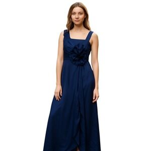 KM Collections Milla Bell Navy Chiffon Maxi Dress Floral Appliqué Gown NWT